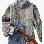 Roque | Dame Højhalset Striktrøje med Blomster - Varm Rullekrave Sweater med Broderi