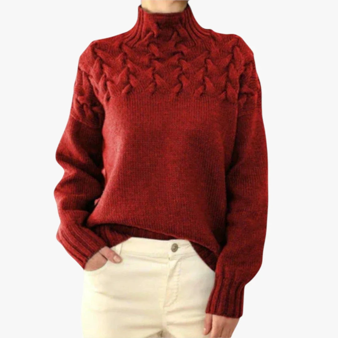 Pamelo | Dame Kabelstrik Trøje med Høj Hals - Varm Rullekrave Sweater i Grovstrik