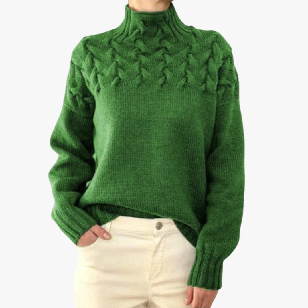 Pamelo | Dame Kabelstrik Trøje med Høj Hals - Varm Rullekrave Sweater i Grovstrik