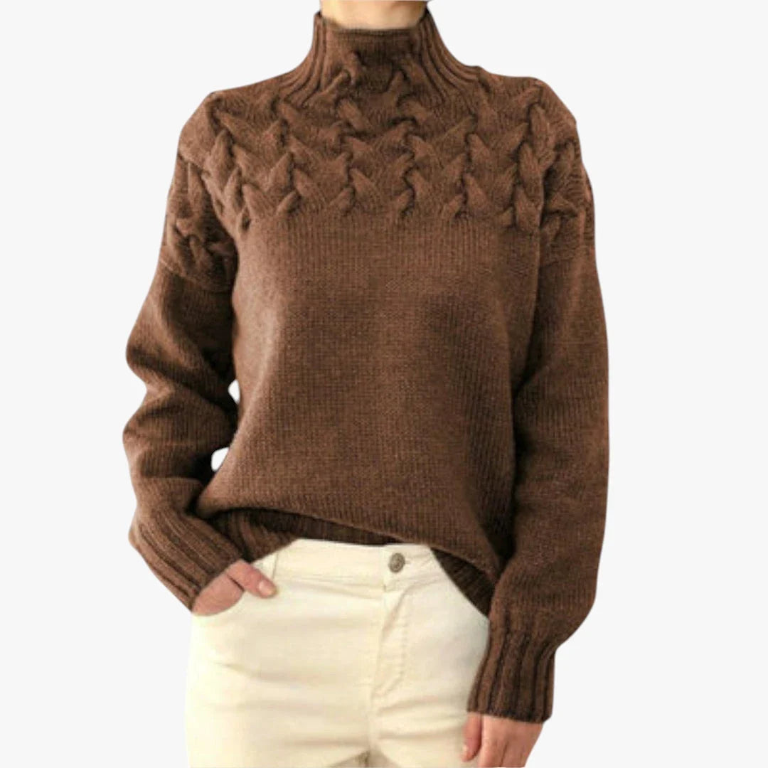 Pamelo | Dame Kabelstrik Trøje med Høj Hals - Varm Rullekrave Sweater i Grovstrik