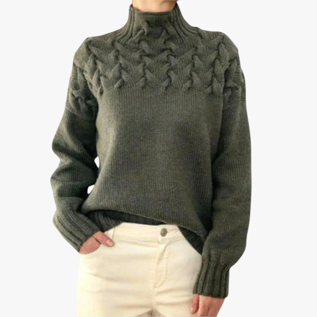 Pamelo | Dame Kabelstrik Trøje med Høj Hals - Varm Rullekrave Sweater i Grovstrik