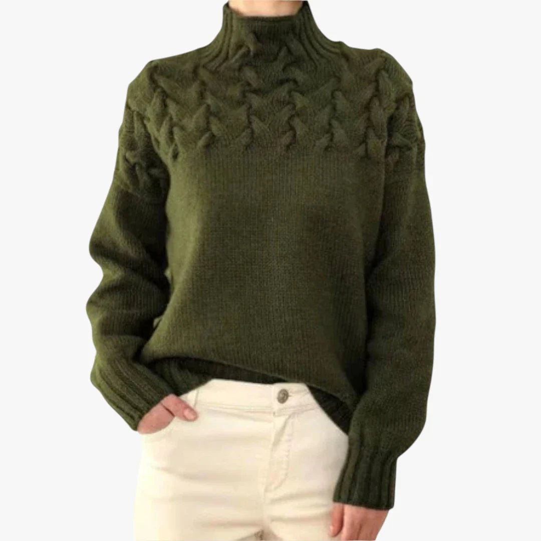 Pamelo | Dame Kabelstrik Trøje med Høj Hals - Varm Rullekrave Sweater i Grovstrik
