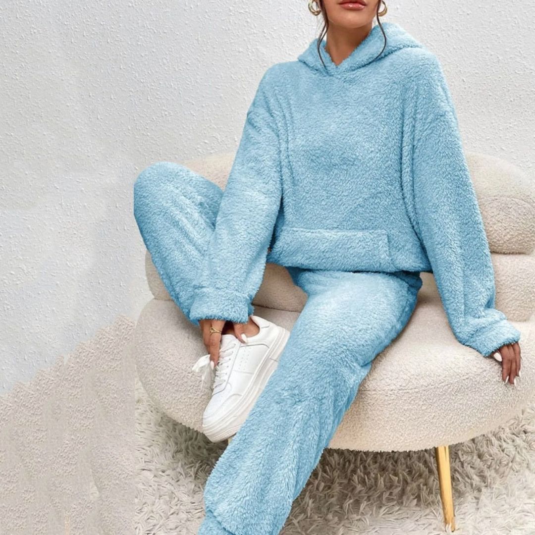 MEELANO Dame Fleece Loungewear-Sæt Hyggelig Vinterdage Med Elastik i Taljen Blå