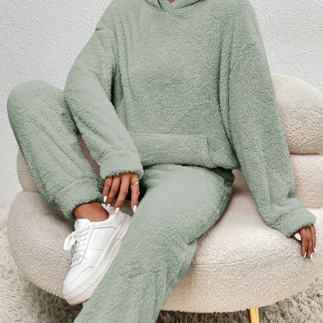MEELANO Dame Fleece Loungewear-Sæt Hyggelig Vinterdage Med Elastik i Taljen Grøn