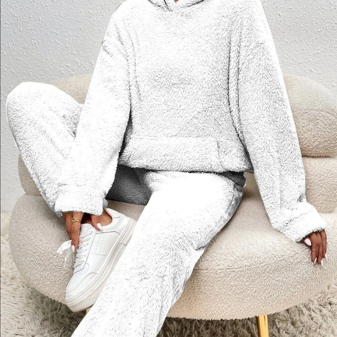 MEELANO Dame Fleece Loungewear-Sæt Hyggelig Vinterdage Med Elastik i Taljen Hvid
