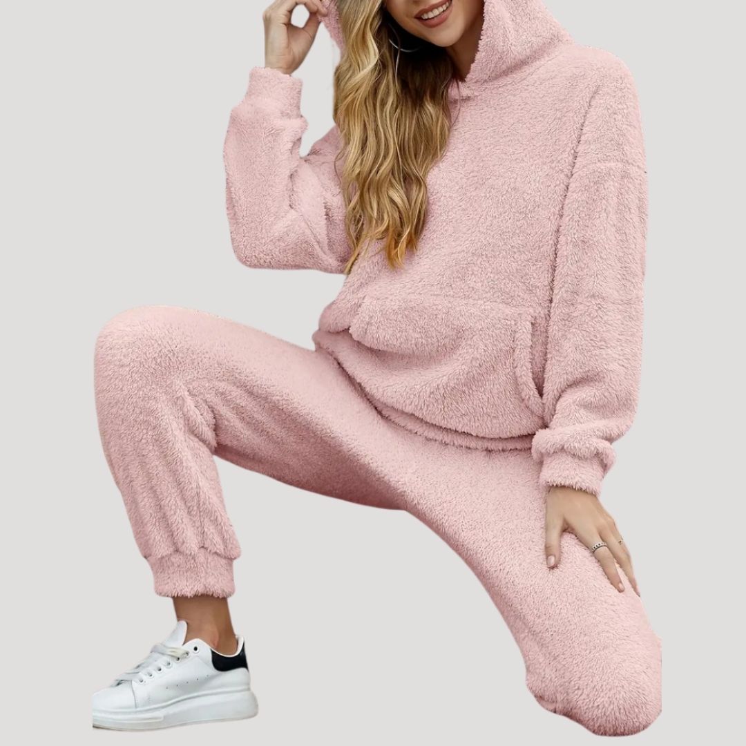 MEELANO Dame Fleece Loungewear-Sæt Hyggelig Vinterdage Med Elastik i Taljen Lyserød