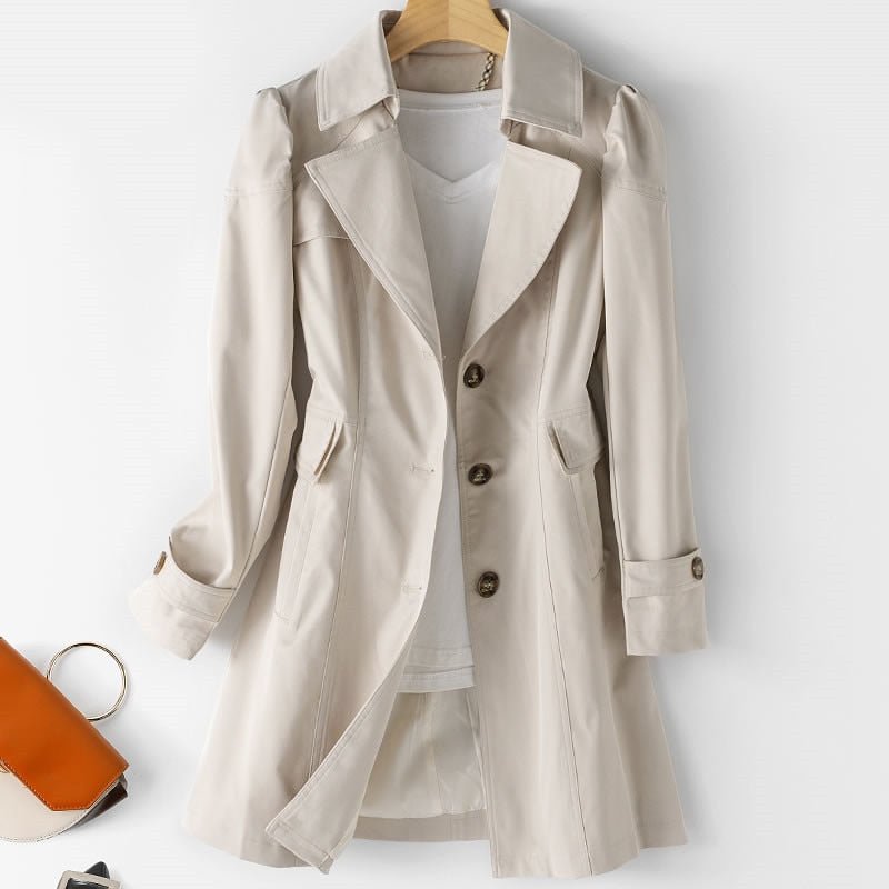 MEELANO Lang Trenchcoat til Kvinder – Klassisk Design & Knaplukning Beige