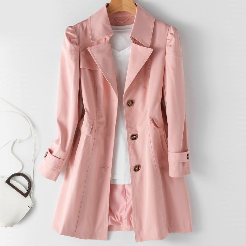 MEELANO Lang Trenchcoat til Kvinder – Klassisk Design & Knaplukning Lyserød