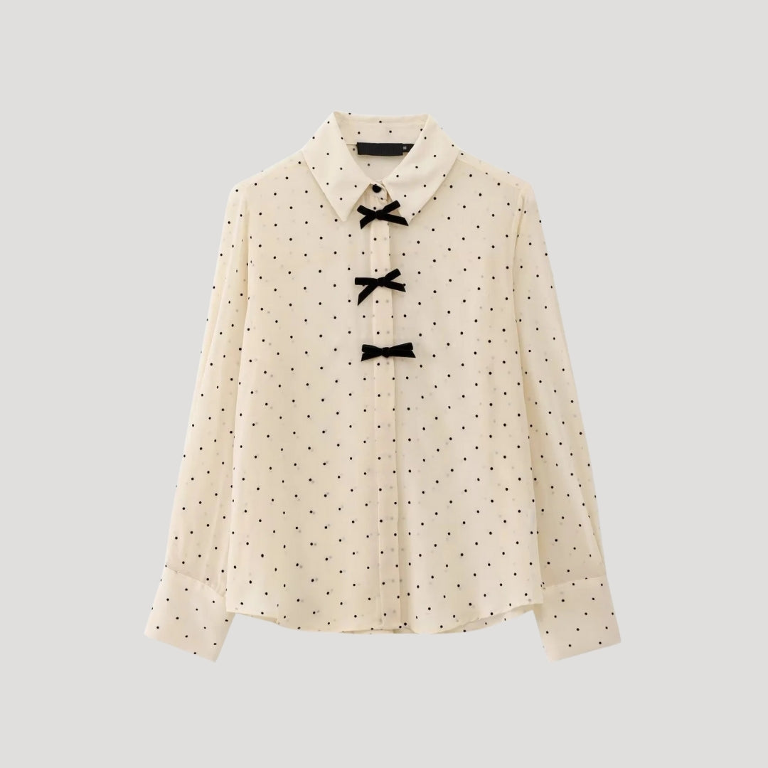 MEELANO Damebluse Med Polkaprikker Og Butterfly Langærmet Chiffonskjorte Beige
