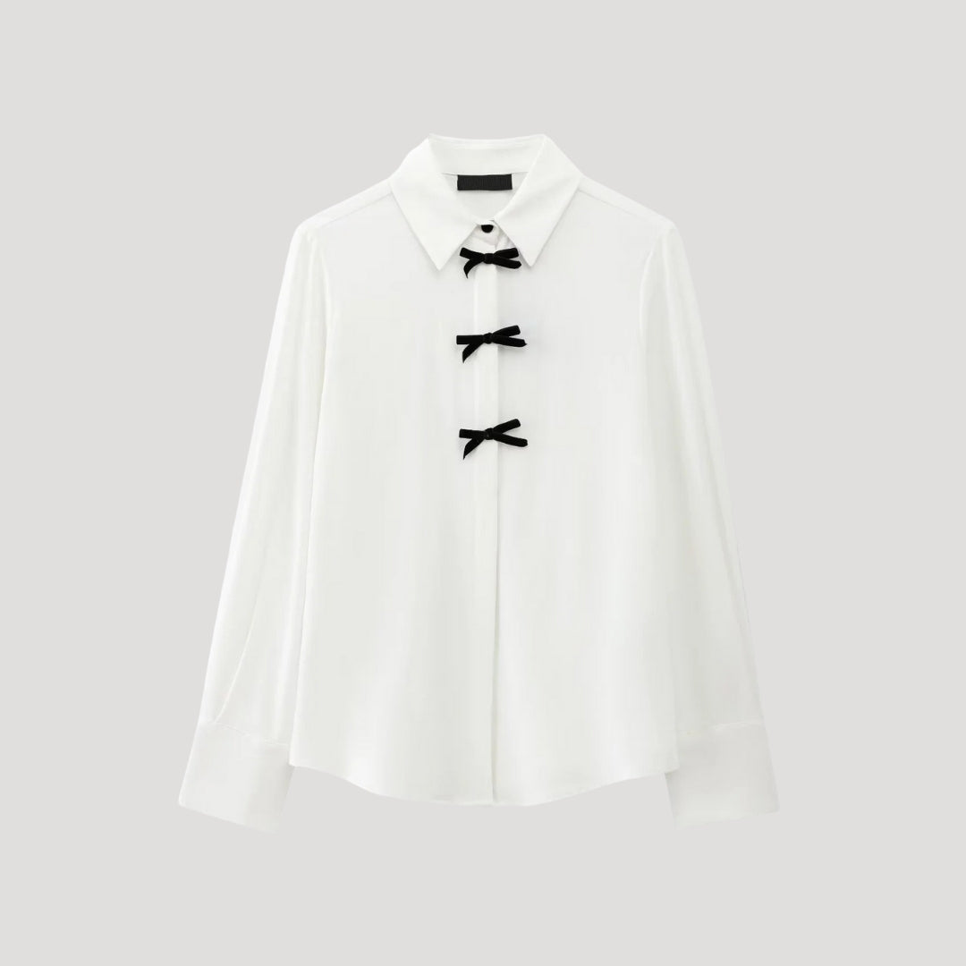 MEELANO Damebluse Med Polkaprikker Og Butterfly Langærmet Chiffonskjorte Hvid