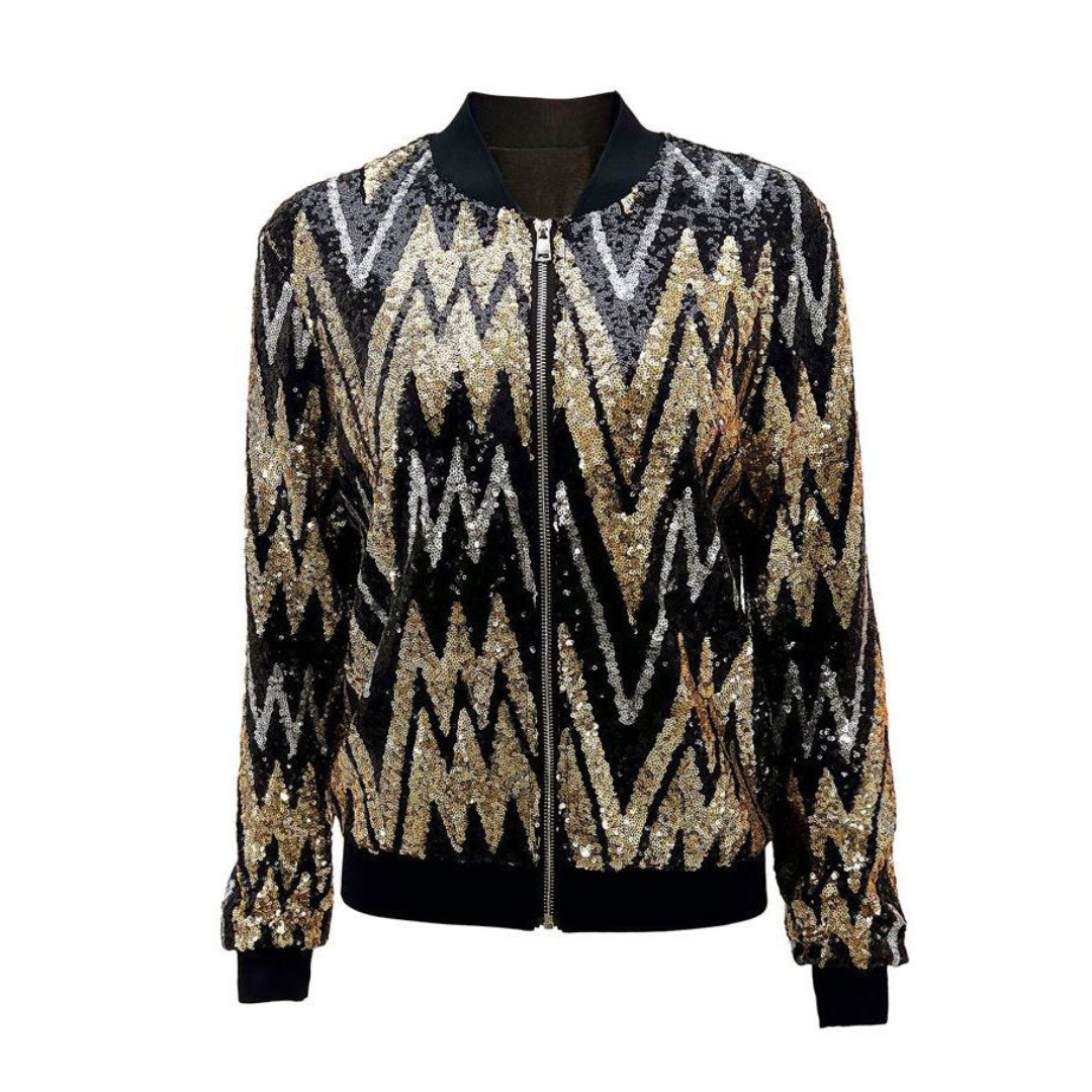 MEELANO Adōre | Damejakke – Funklende Pailletter, Praktisk Lynlås & Langærmet Glamour