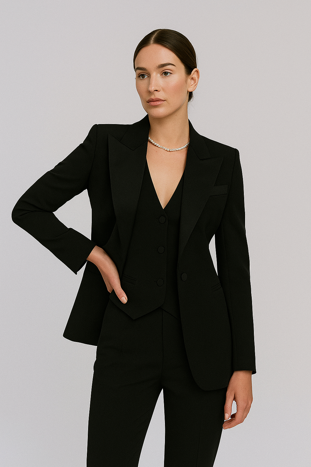 MEELANO Dame Damesæt 3 Dele Skræddersyet Blazer Vest Slim-Fit Bukser Elegant Helårsoutfit Sort