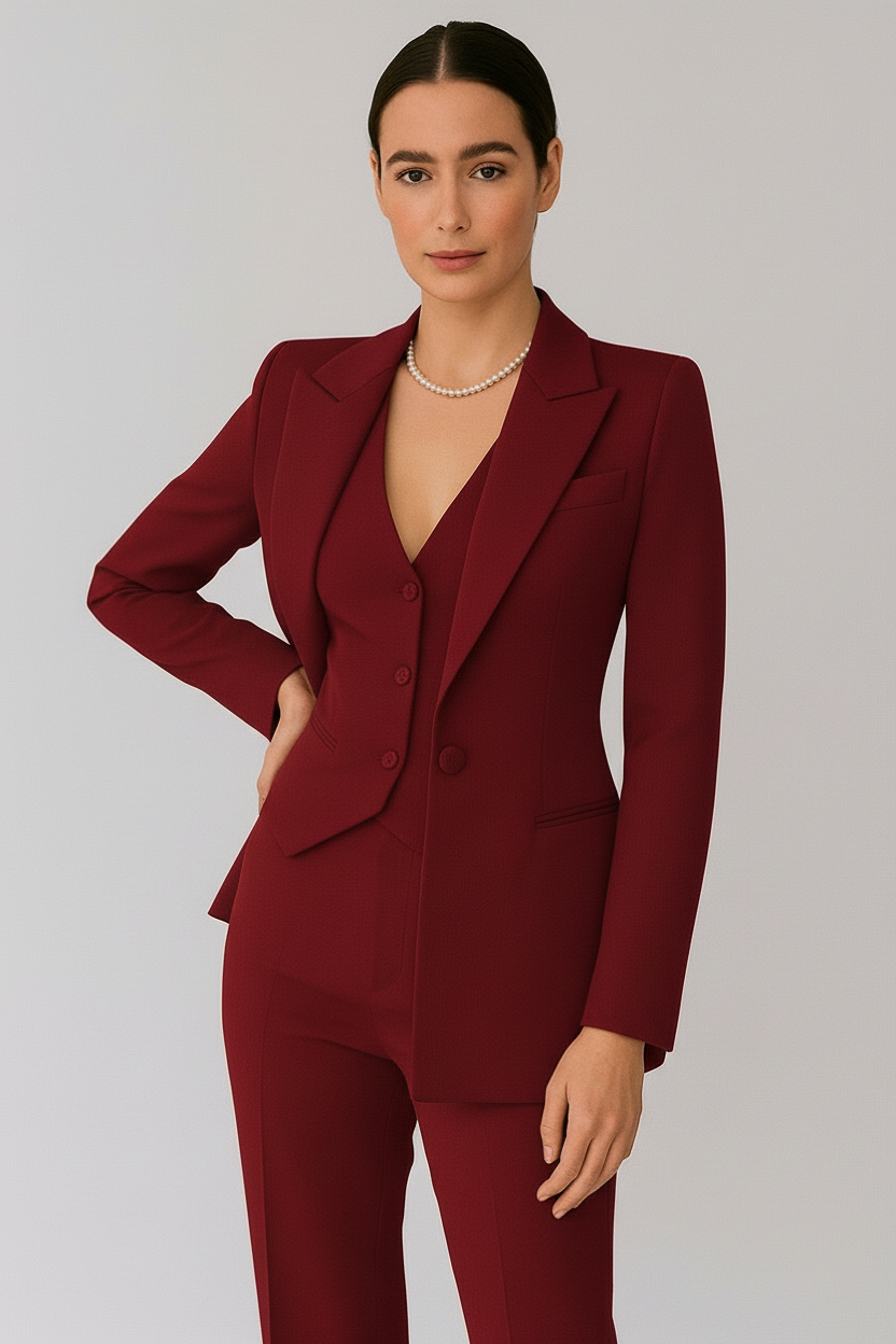 MEELANO Dame Damesæt 3 Dele Skræddersyet Blazer Vest Slim-Fit Bukser Elegant Helårsoutfit Rød