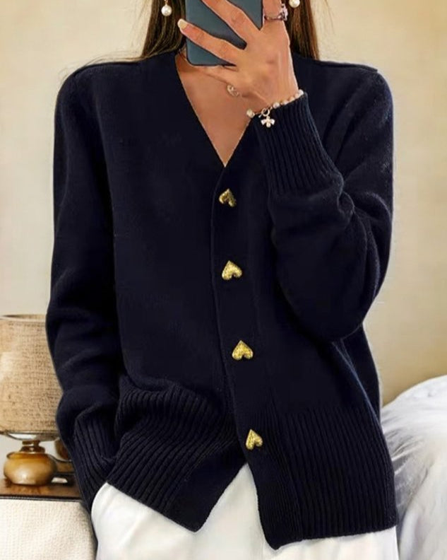 MEELANO Sephira | Dame Oversized Strikcardigan – Hjerteformede Knapper & Afslappet Pasform Sort
