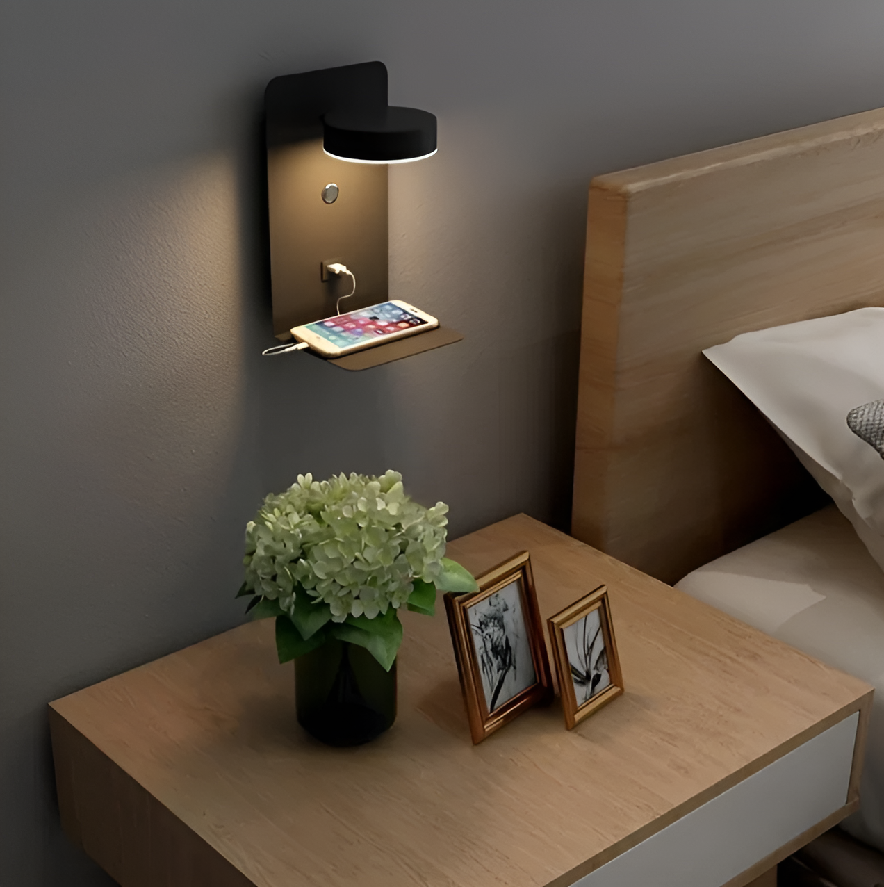 MEELANO Minimalistisk USB Opladnings Nattelygte Til Sengebordet Sort 24*14*12cm