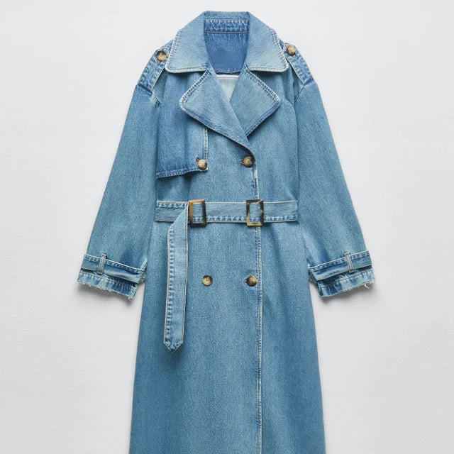 MEELANO Dame Lang Blå Trenchcoat Til Kvinder Med Bælte Til Hverdagslook Blå