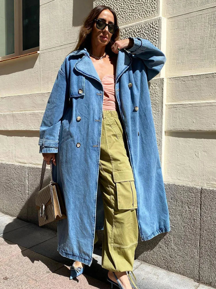 MEELANO Dame Lang Blå Trenchcoat Til Kvinder Med Bælte Til Hverdagslook