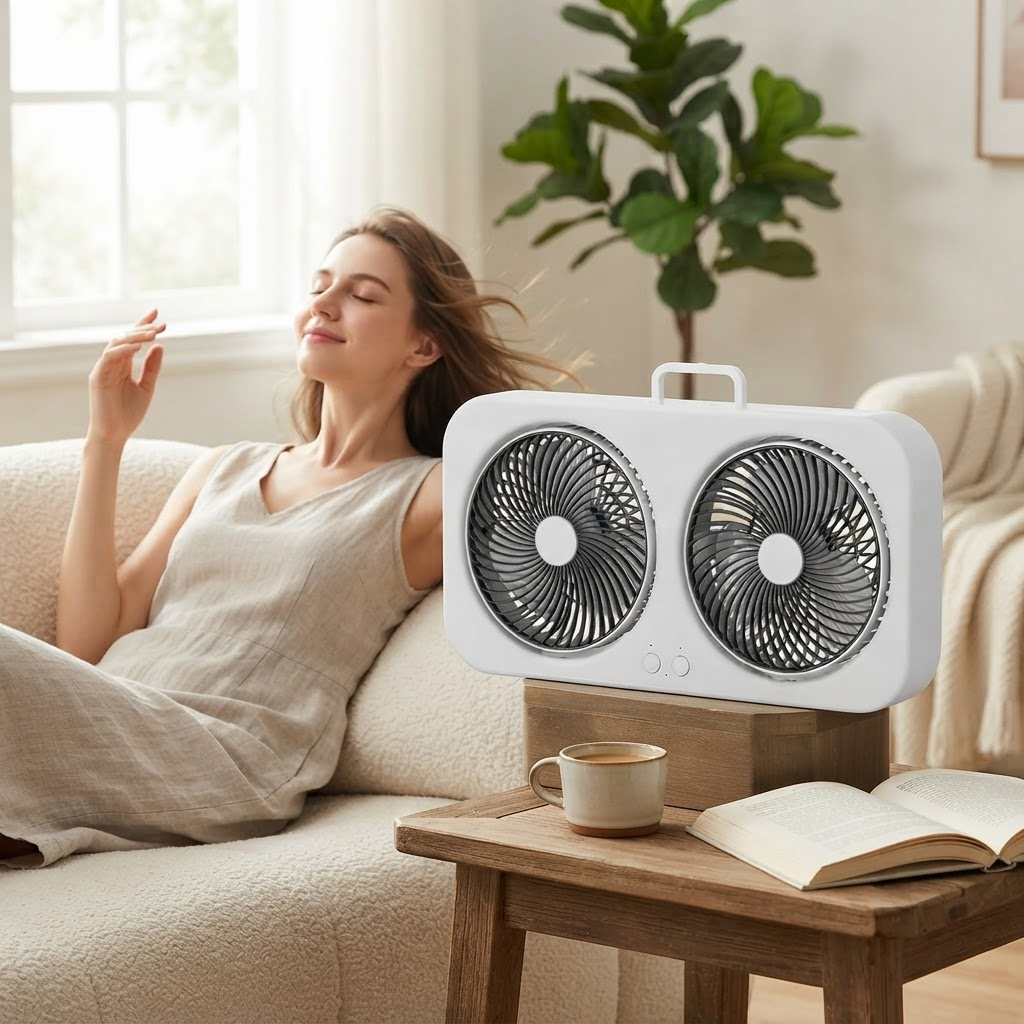 MEELANO Dobbelthoved USB-cirkulationsventilator – Dobbeltmotorisk 360° ventilator, stærk og stille luftstrøm, Type-C genopladelig til hjemmet og udendørs brug