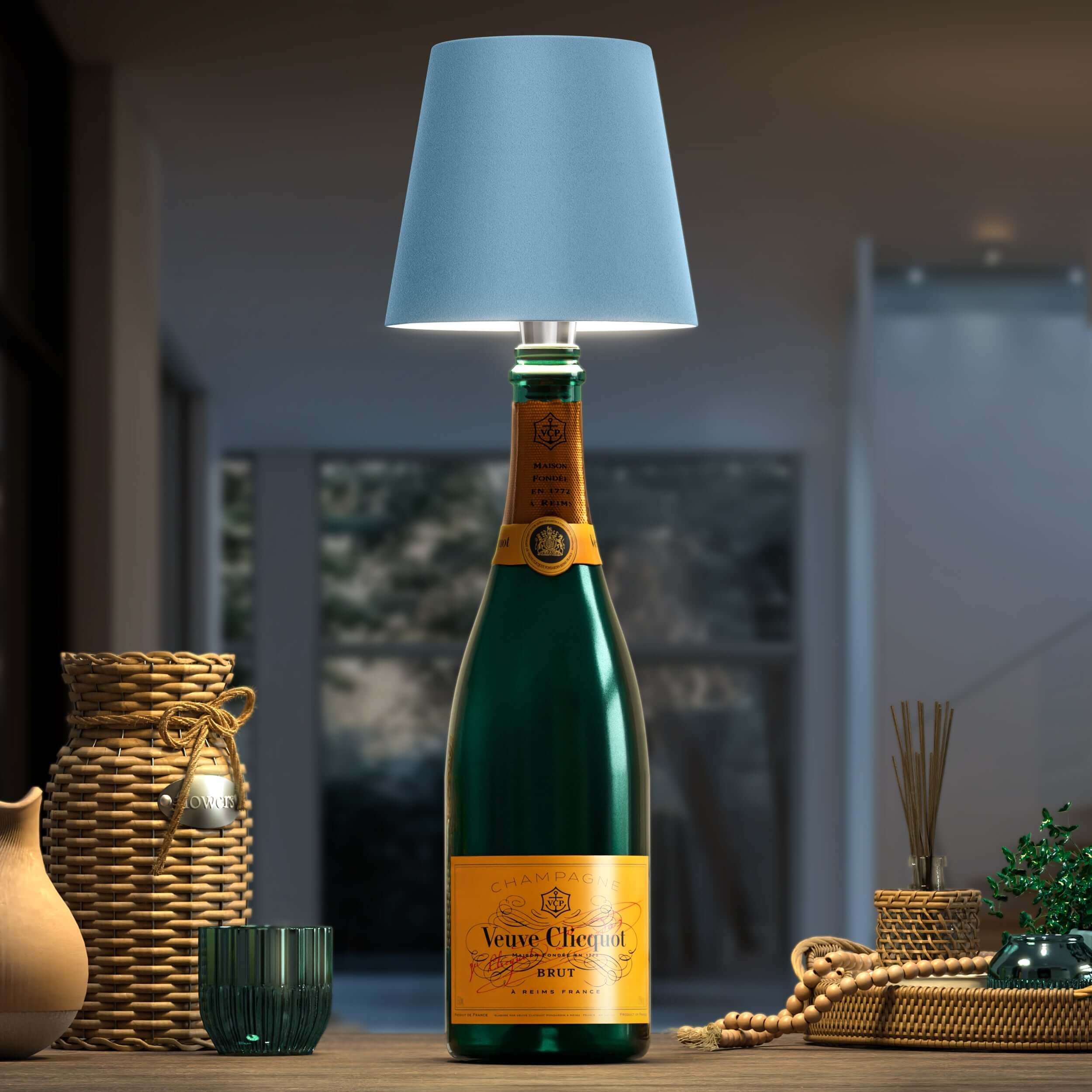 MEELANO Elegant LED Flaskelampe Til Bæredygtig Boligindretning Med Genbrugte Flasker Blå