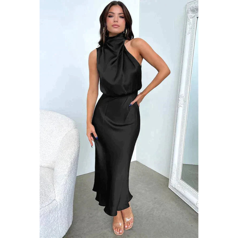 MEELANO Esthétique | Dame Halterneck-aftenkjole – Elegant Midi-længde & Sofistikeret Look sort