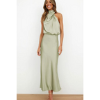 MEELANO Esthétique | Dame Halterneck-aftenkjole – Elegant Midi-længde & Sofistikeret Look lysegrøn