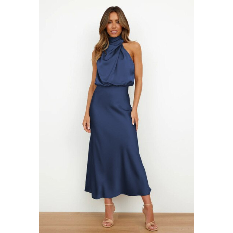 MEELANO Esthétique | Dame Halterneck-aftenkjole – Elegant Midi-længde & Sofistikeret Look blå