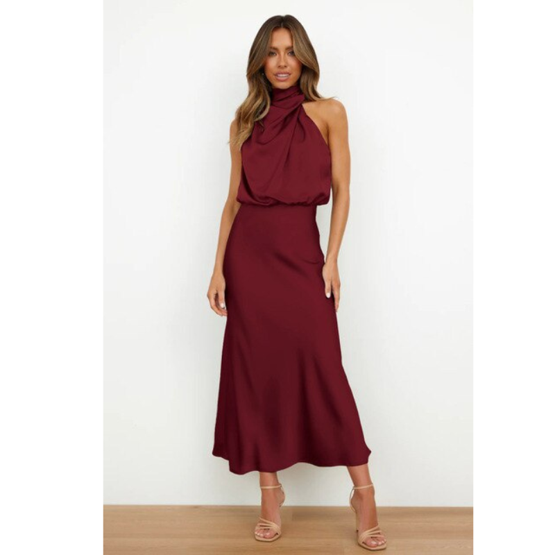 MEELANO Esthétique | Dame Halterneck-aftenkjole – Elegant Midi-længde & Sofistikeret Look bordeaux