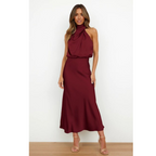 MEELANO Esthétique | Dame Halterneck-aftenkjole – Elegant Midi-længde & Sofistikeret Look bordeaux