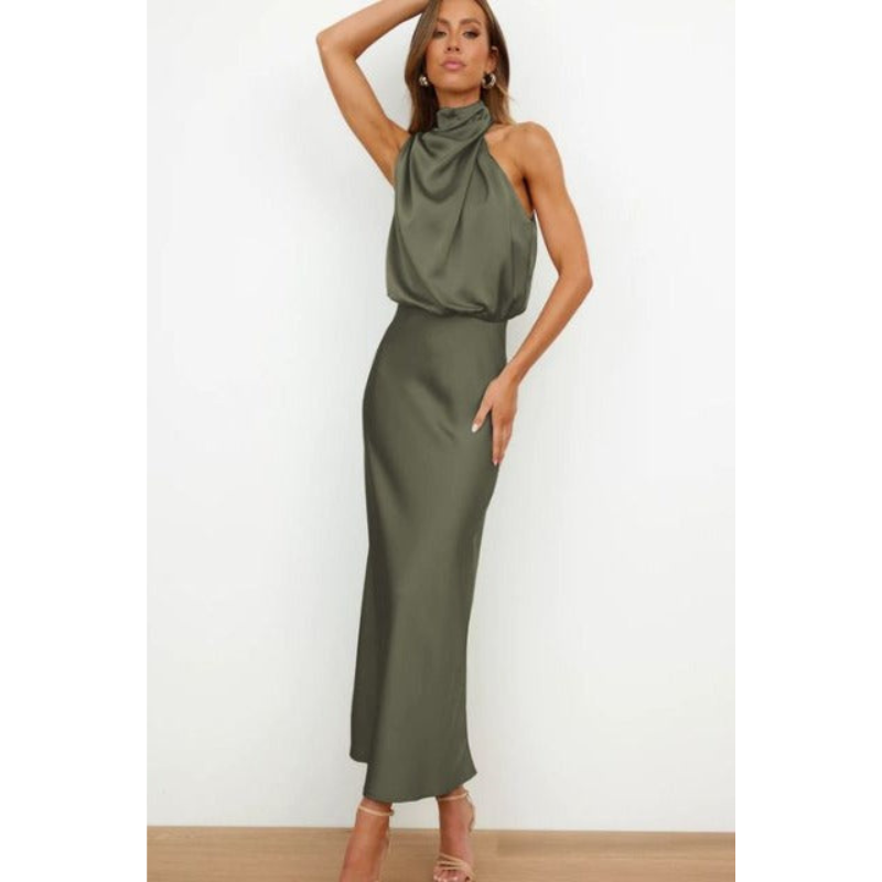 MEELANO Esthétique | Dame Halterneck-aftenkjole – Elegant Midi-længde & Sofistikeret Look grøn