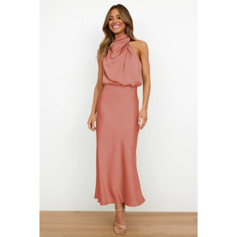 MEELANO Esthétique | Dame Halterneck-aftenkjole – Elegant Midi-længde & Sofistikeret Look rød
