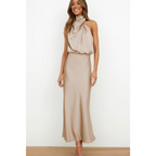 MEELANO Esthétique | Dame Halterneck-aftenkjole – Elegant Midi-længde & Sofistikeret Look khaki