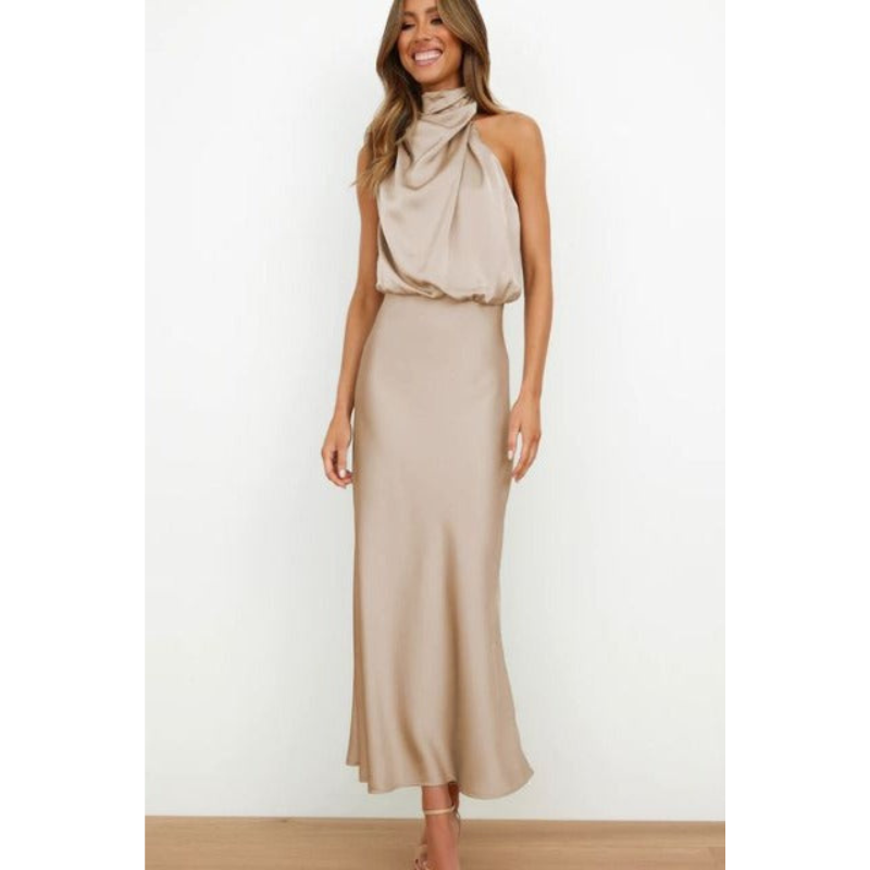 MEELANO Esthétique | Dame Halterneck-aftenkjole – Elegant Midi-længde & Sofistikeret Look khaki