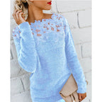 MEELANO Dame Sweater Med Blomstermønster Elegant Strikstykke Blød Blå