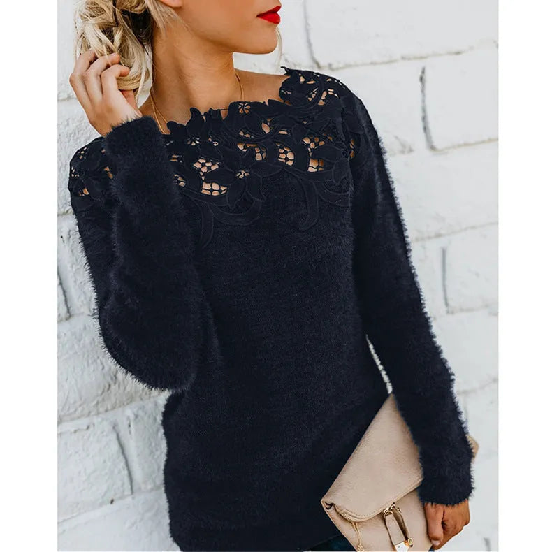 MEELANO Dame Sweater Med Blomstermønster Elegant Strikstykke Blød Sort