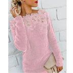 MEELANO Dame Sweater Med Blomstermønster Elegant Strikstykke Blød Pink 5XL (Næsten udsolgt!)