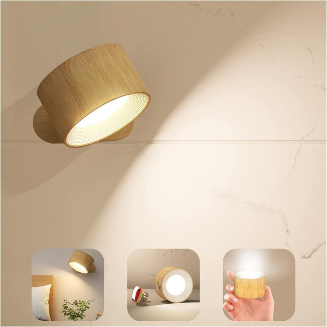 MEELANO Flexilight Trådløs Væglampe – LED Lys med Touch, USB Opladning & 360° Rotation Træ