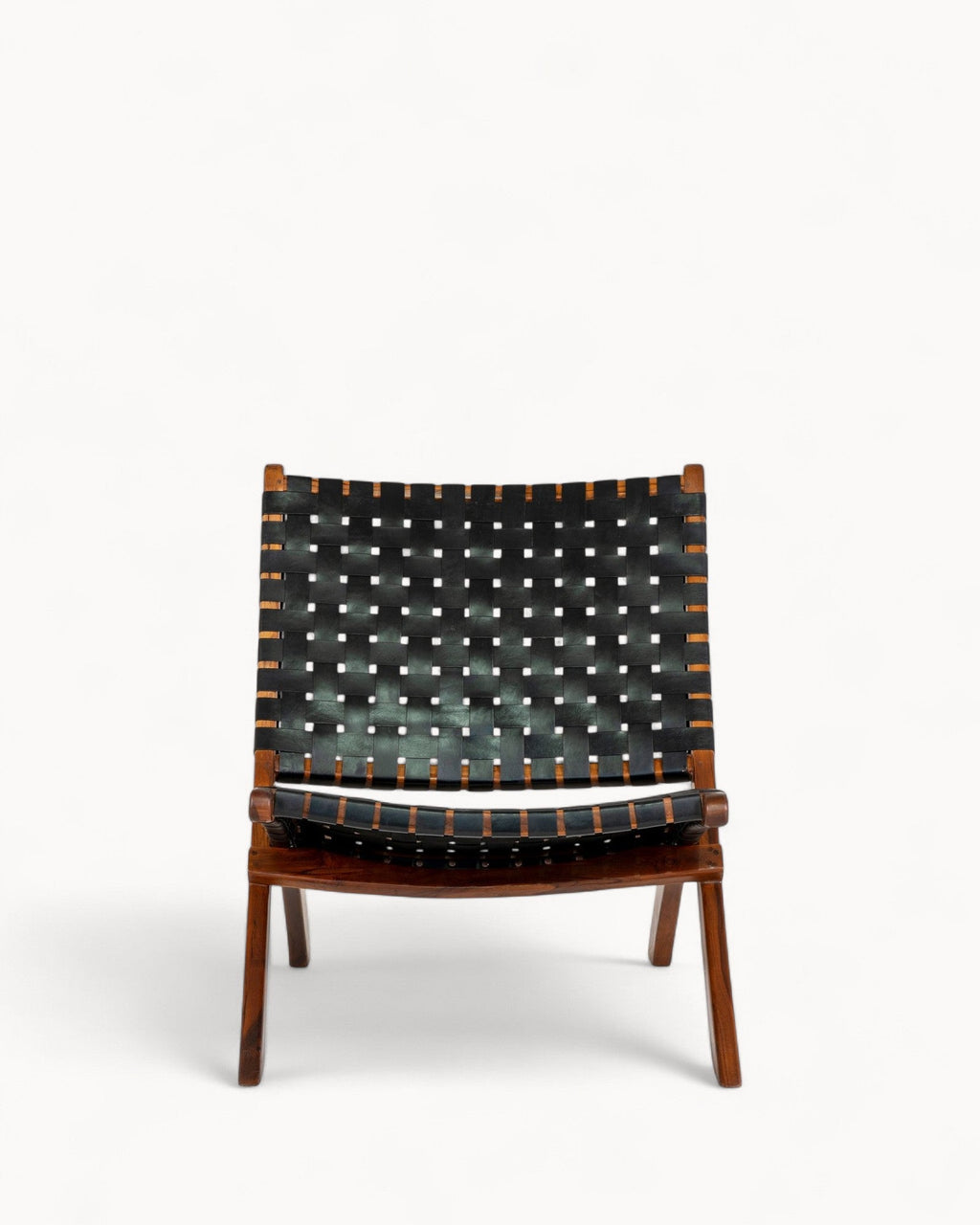MEELANO Foldbar Stol i Sort Læder med Teaktræ Ben – Minimalistisk Design