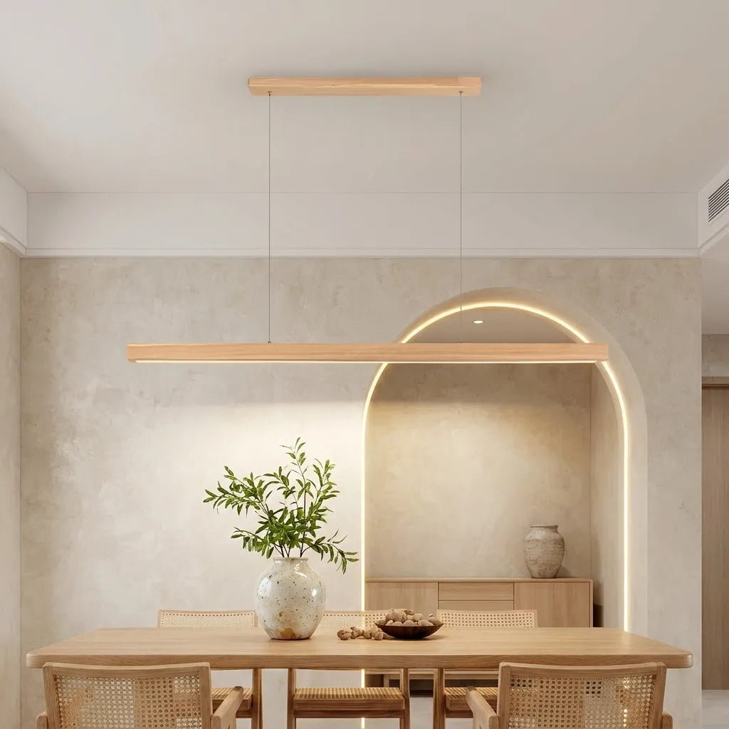 Lineær pendel i massivt træ | LED | Fyr & valnød | 80–120 cm