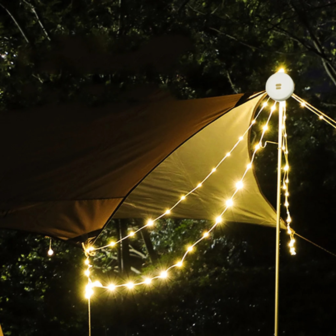 MEELANO LED-Campinglampe – Genopladelig Bærbar Lyskæde med USB-C & Krog, 10 m