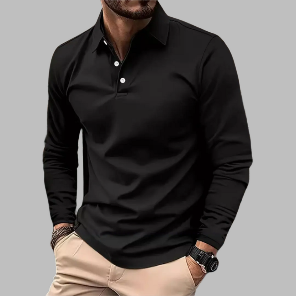MEELANO Hermosa | Herre Langærmet Poloshirt med Knapper - Klassisk Bomulds Polo-Sweatshirt Sort