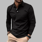 MEELANO Hermosa | Herre Langærmet Poloshirt med Knapper - Klassisk Bomulds Polo-Sweatshirt Sort