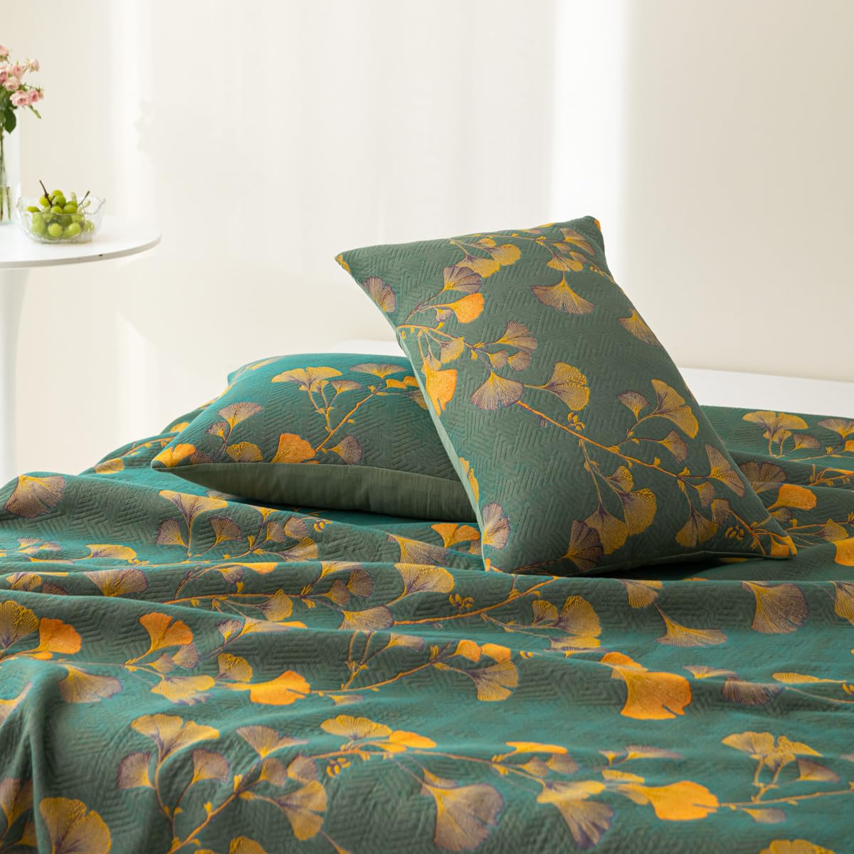 MEELANO Ginkgo Blad Jacquard Omkeerbar Duvet i Økologisk Katoen Grøn & Orange 2PCS Pudevårcover: 19" x 29"