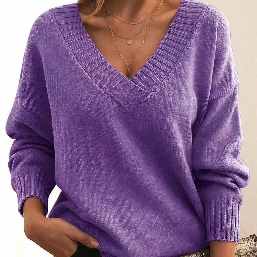 MEELANO Blød Cashmereblanding Sweater med V-hals – Dame Striktrøje i Cashmere Blend, Let & Elegant, 10 Farver, S–5XL – Dôre Lilla