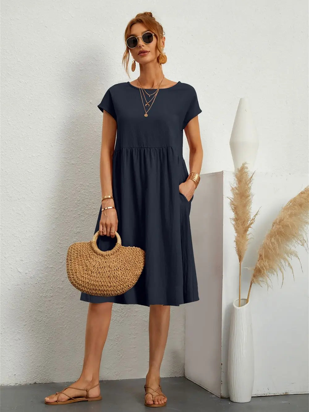 MEELANO Roque | Casual A-Line Midi-Kjole til Damer Navy