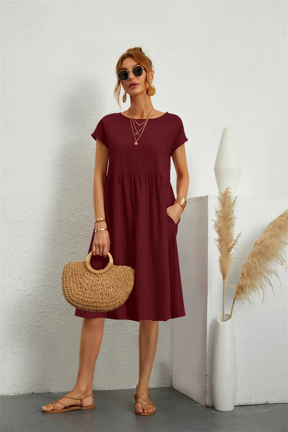 MEELANO Roque | Casual A-Line Midi-Kjole til Damer Burgundy