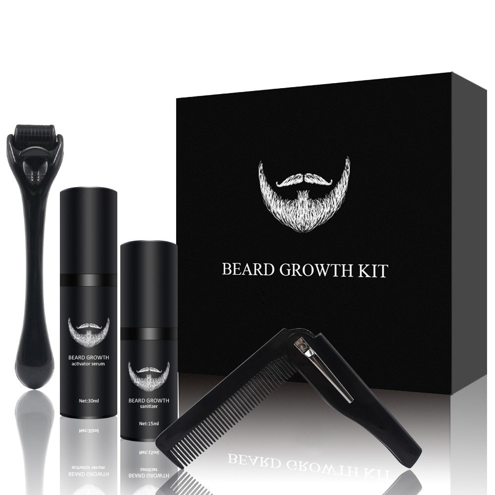 MEELANO Skægplejesæt med 540 Dermaroller, Naturligt Skægserum, Rensespray & Kam – Skæg Grooming Kit til Mænd Standard