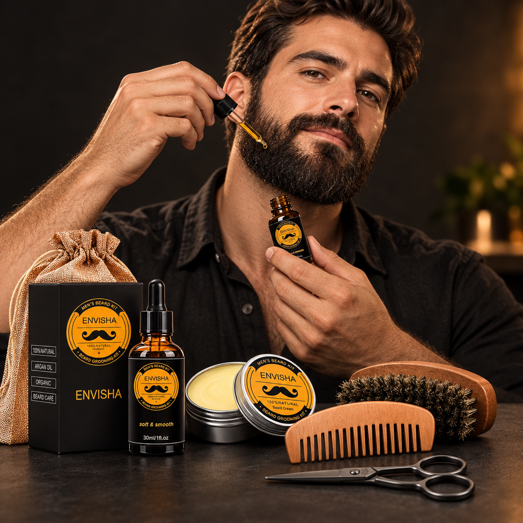 MEELANO Beard Growth Barber Kit – Skægplejesæt til Mænd med Skægroller, Skægolie, Skægbalsam & Kam, 3 Sæt