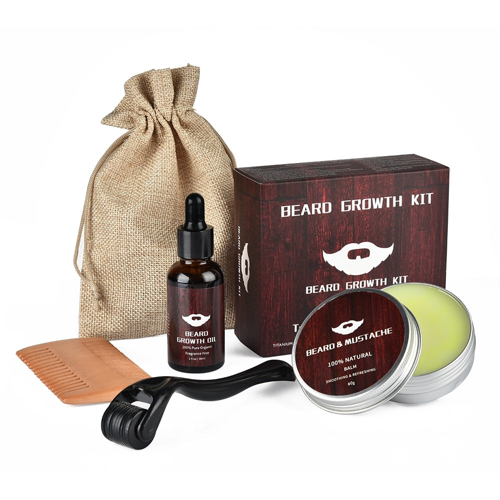 MEELANO Beard Growth Barber Kit – Skægplejesæt til Mænd med Skægroller, Skægolie, Skægbalsam & Kam, 3 Sæt Herre Startersæt