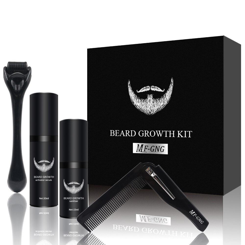 MEELANO Beard Growth Barber Kit – Skægplejesæt til Mænd med Skægroller, Skægolie, Skægbalsam & Kam, 3 Sæt Herresæt Ultimate