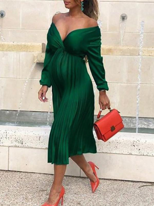 MEELANO Adōre | Dame Maternity Maxi-kjole – Elegante Plisserede Off-Shoulder Detaljer grøn
